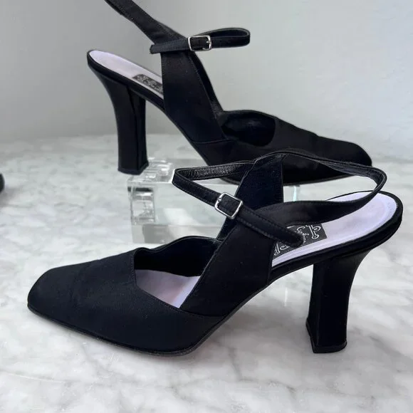 Cynthia Rowley Black Satin High Heels Shoes Women's Buckle Slingback Fabric 9AA - Picture 5 of 9